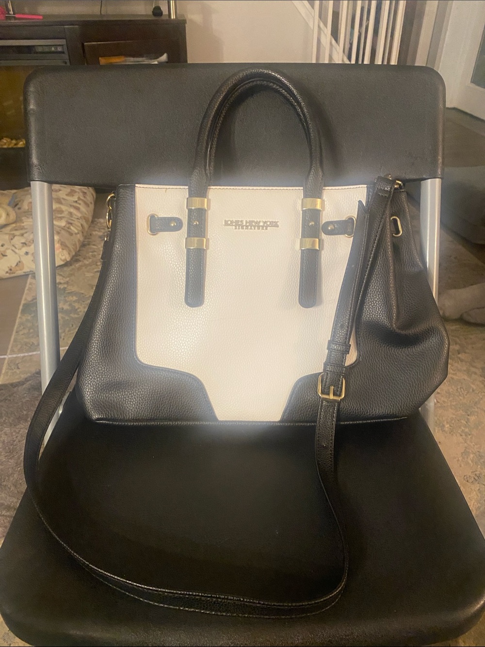 Jones New York Signature Diana Satchel Bag Black White Gold Hardware Crossbody